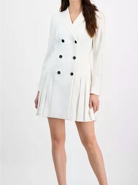 Tahari White Double-Breasted Pleated Blazer Mini Dress